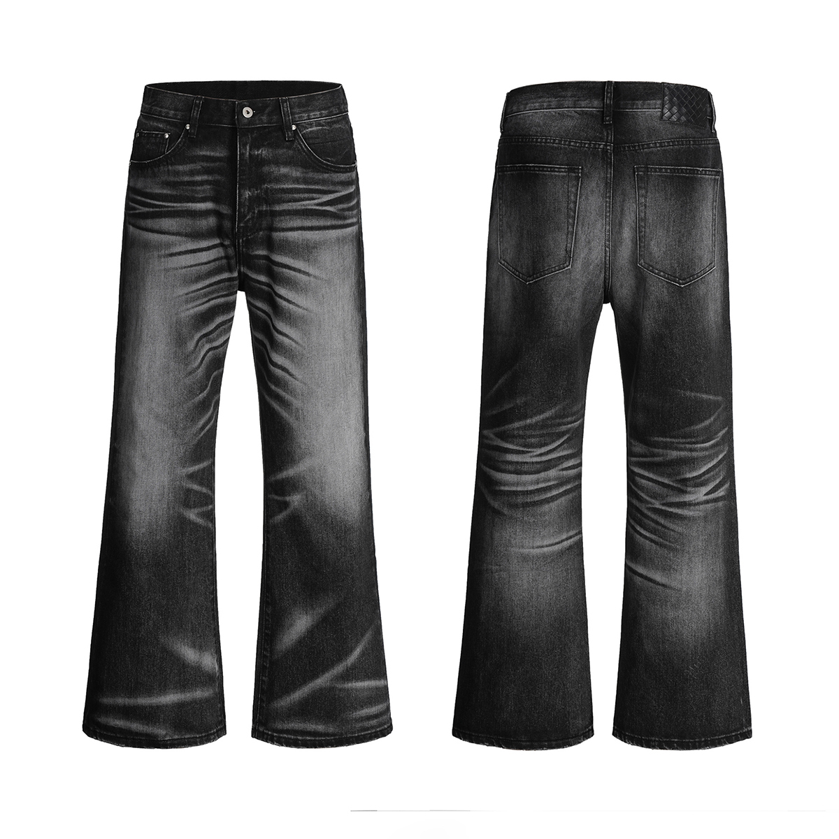 Men's 13.5 OZ 100% Cotton Black Medium Stone Wash Heavy 3D Whiskers Bootcut Jeans