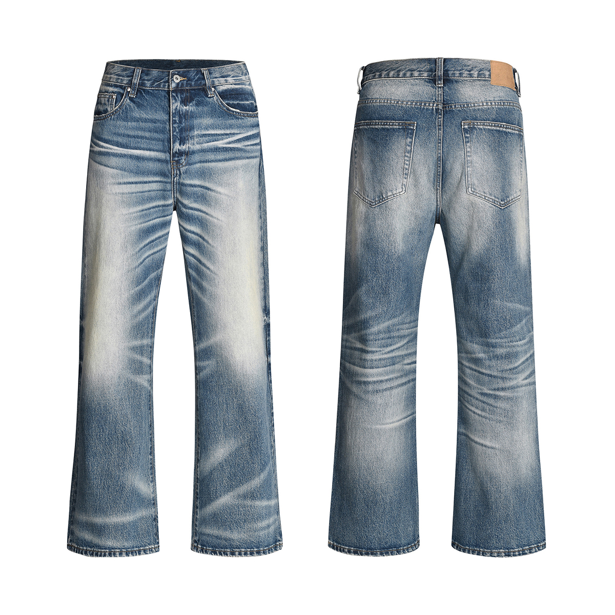 Men's 13.5 OZ 100% Cotton Blue Medium Stone Wash Heavy 3D Whiskers Bootcut Jeans