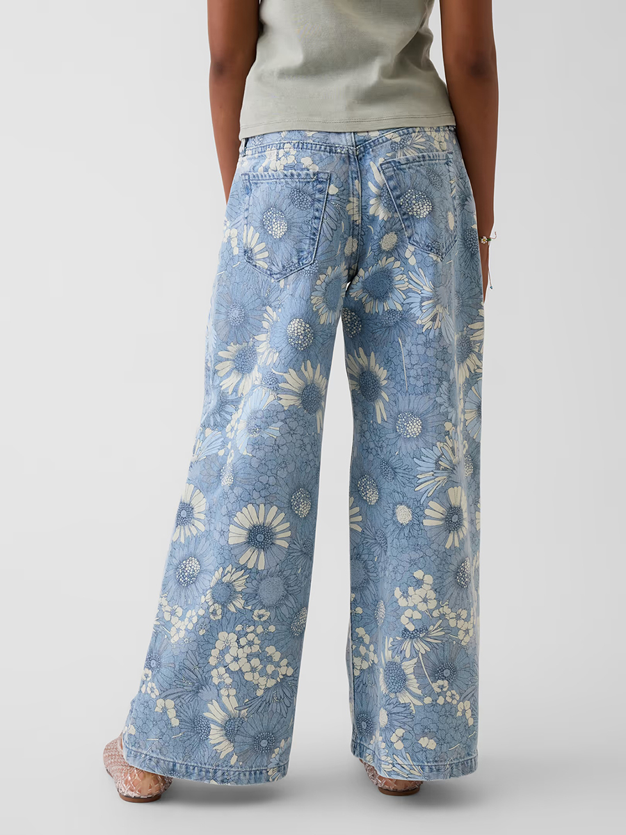 10 OZ Big Girls Vintage Hippie Y2K Low Rise All‑over Digital Floral Printing Baggy Jeans