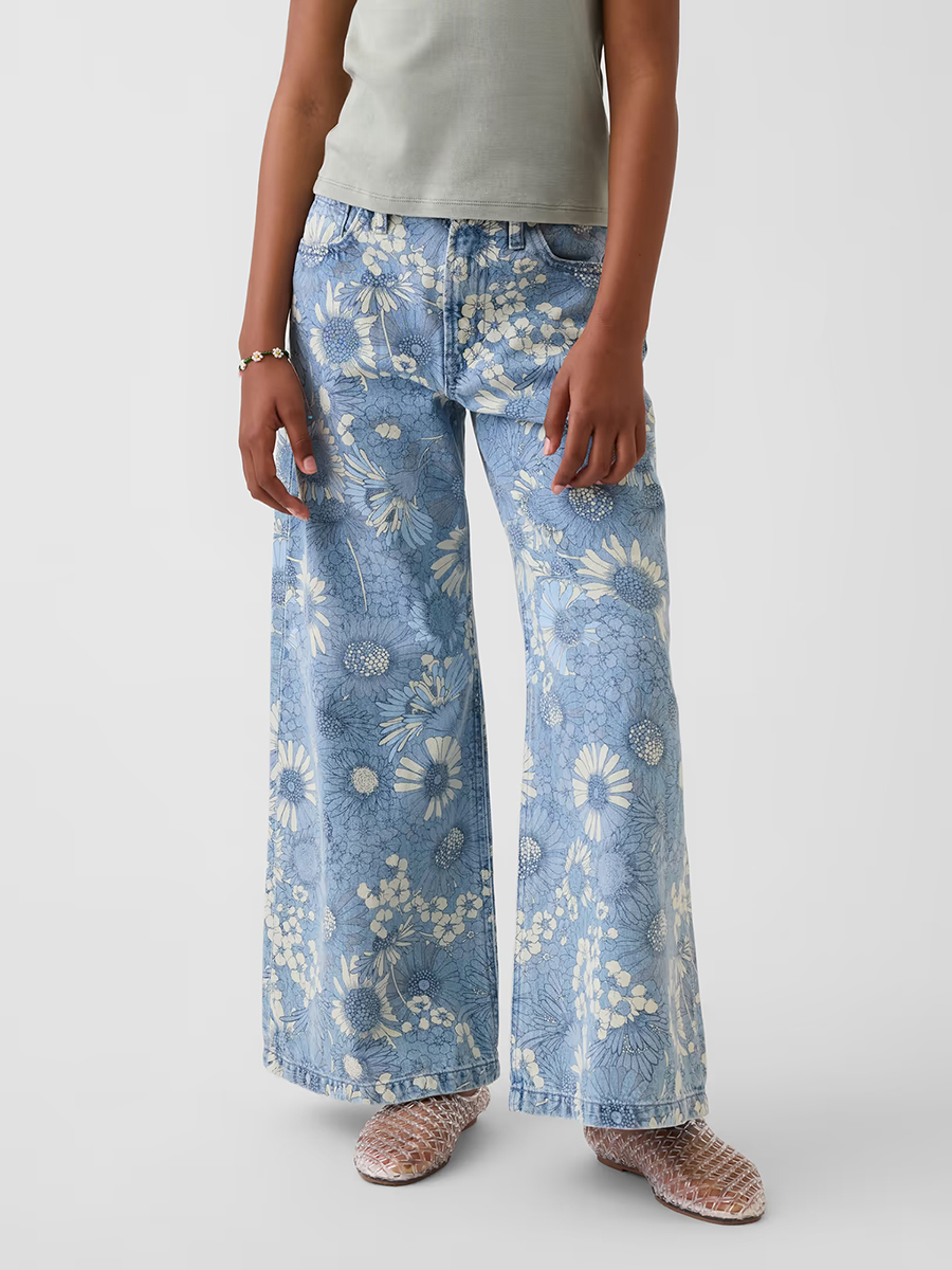 10 OZ Big Girls Vintage Hippie Y2K Low Rise All‑over Digital Floral Printing Baggy Jeans