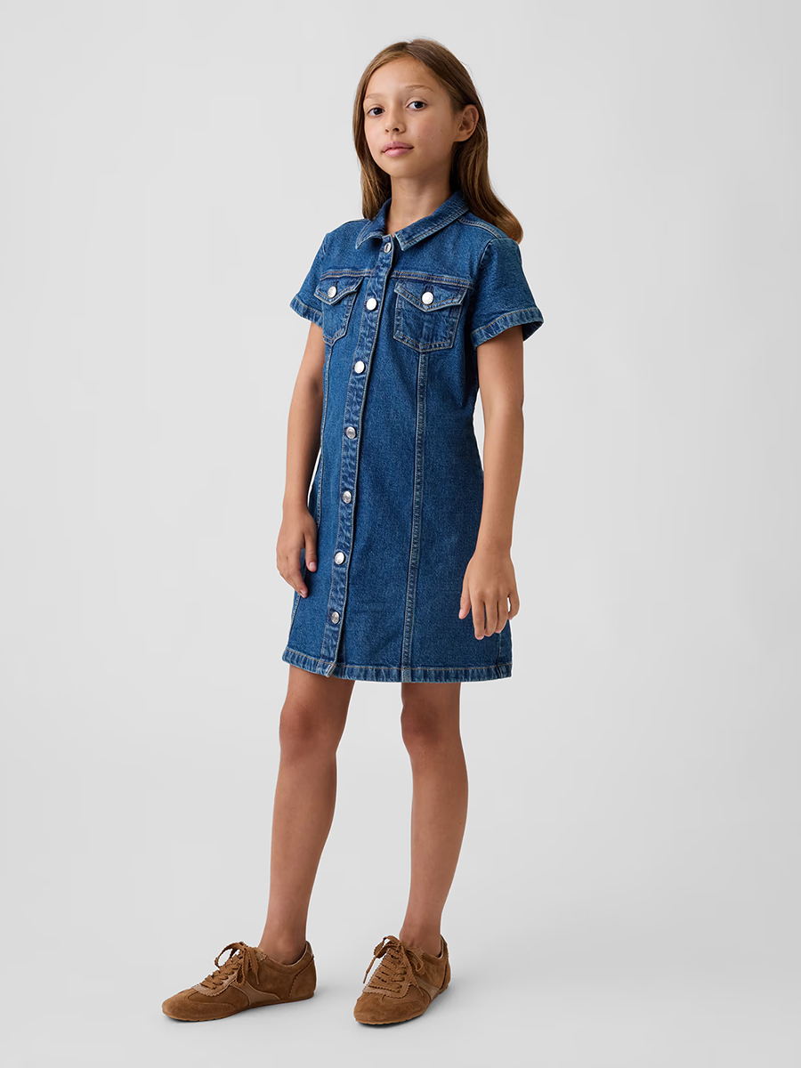 10.5 OZ Big Girls Short Sleeve Western Casual Preppy Stretch Denim Shirt Dresses