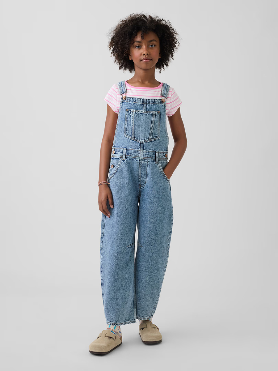 10.2 OZ Big Girls Vintage Workwear Baggy Barrel‑Leg Denim Overalls
