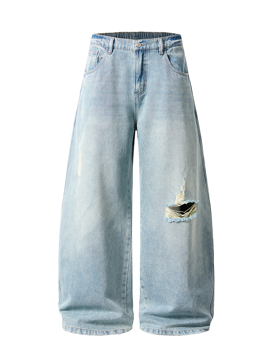 Men's 14.2 OZ Curved‑leg Baggy Enzyme Stone Wash Destroyed Ripped Back‑half Elastic Waistband J