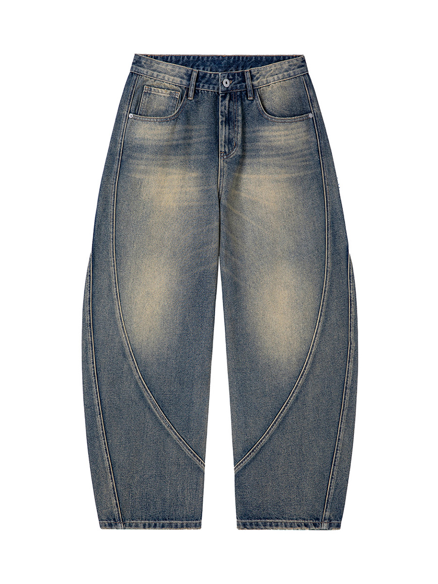 Men's 12.8 OZ Deconstructed Curved‑leg Banana Cut Baggy Vintage Faded Jeans