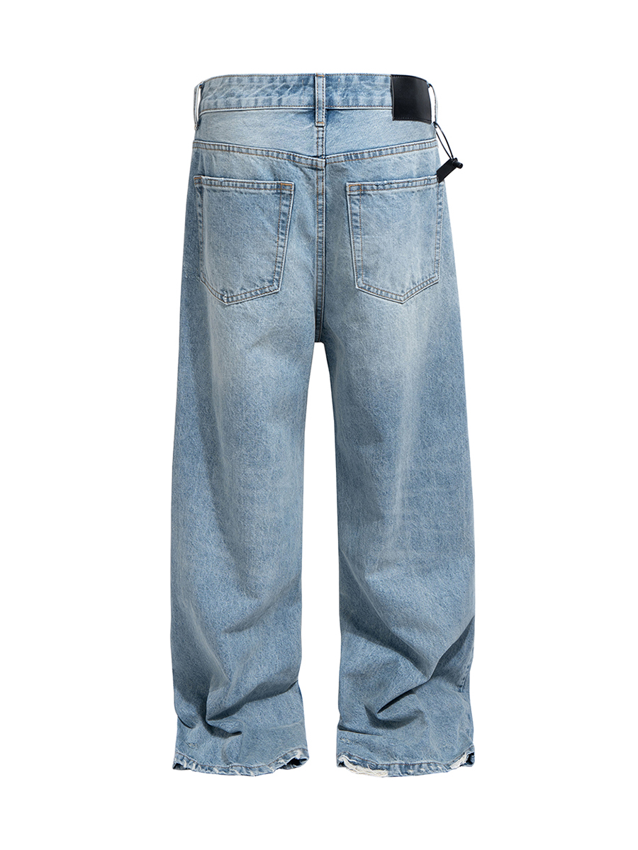 Men's 14.5 OZ Rigid Baggy Straight Ripped Denim Jeans