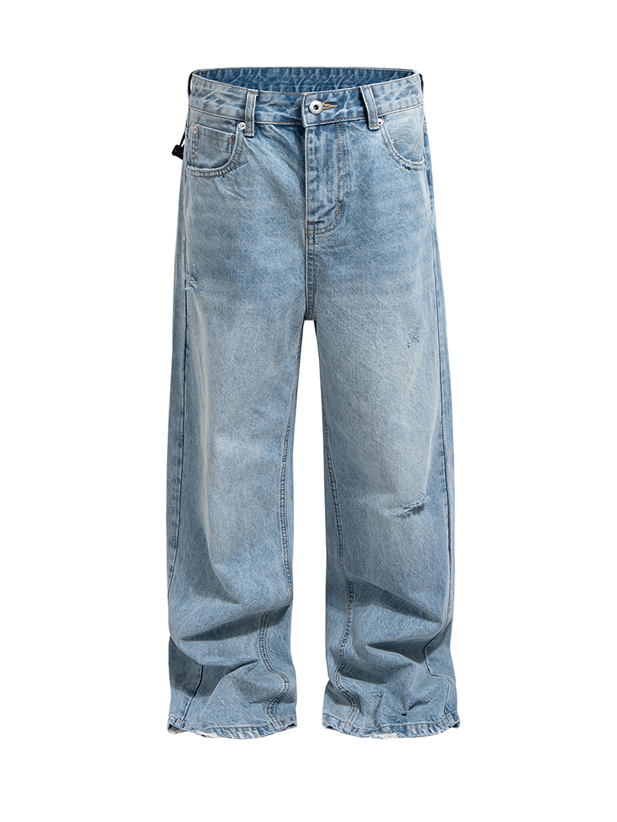 Men's 14.5 OZ Rigid Baggy Straight Ripped Denim Jeans