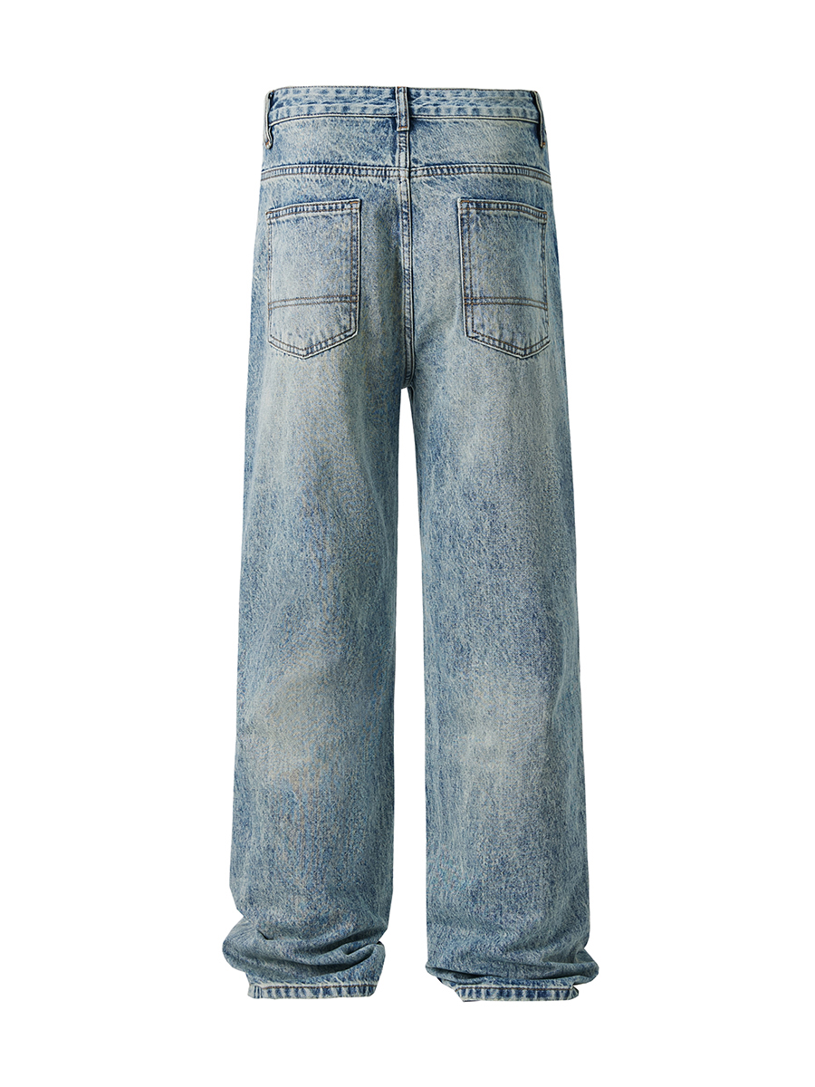 Men's 12.8 OZ Vintage Acid Snow Wash 2D Hand‑Brushed Whiskers Streetwear Jeans