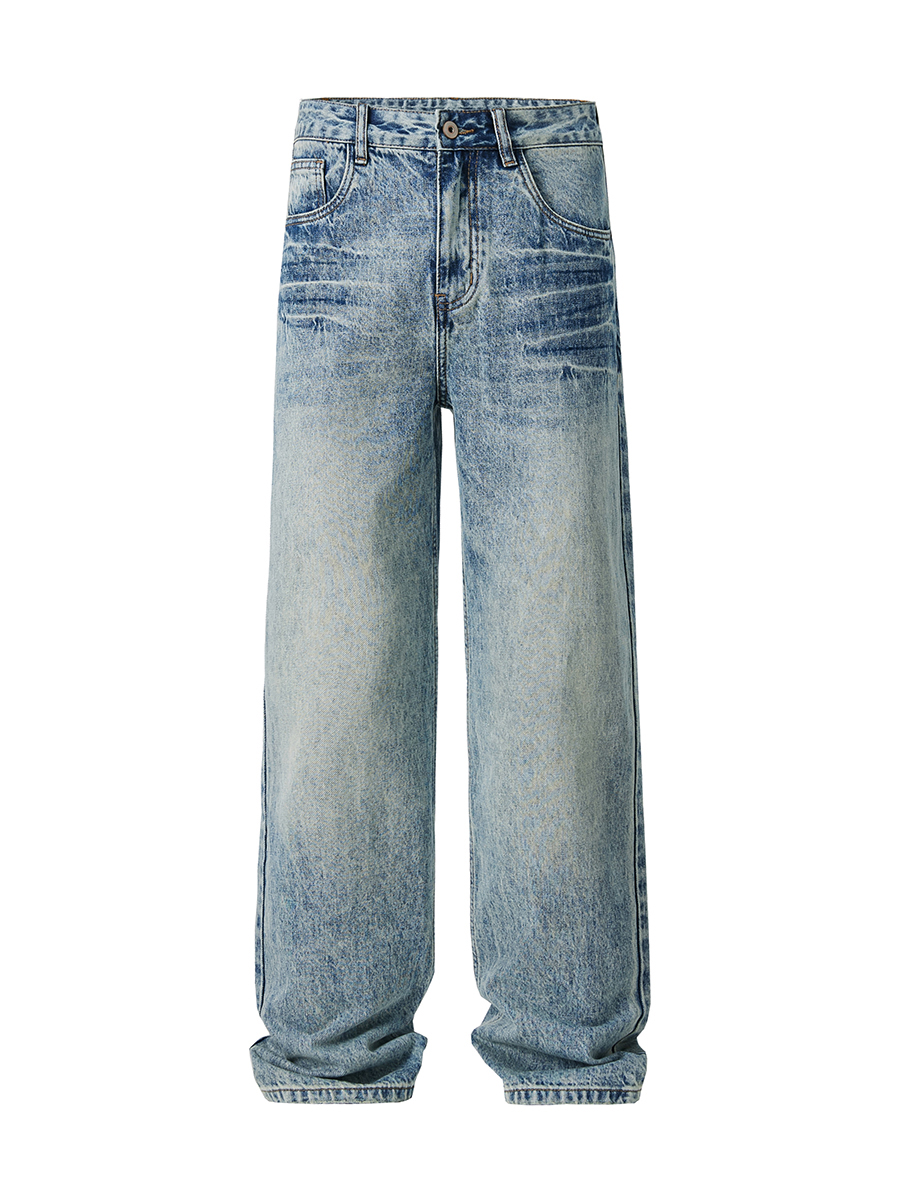 Men's 12.8 OZ Vintage Acid Snow Wash 2D Hand‑Brushed Whiskers Streetwear Jeans