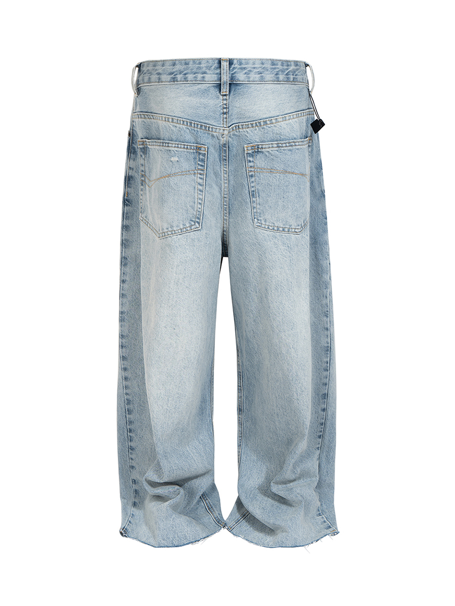 Men's 14.5 OZ Rigid Baggy Straight Ripped Raw Hem Jeans