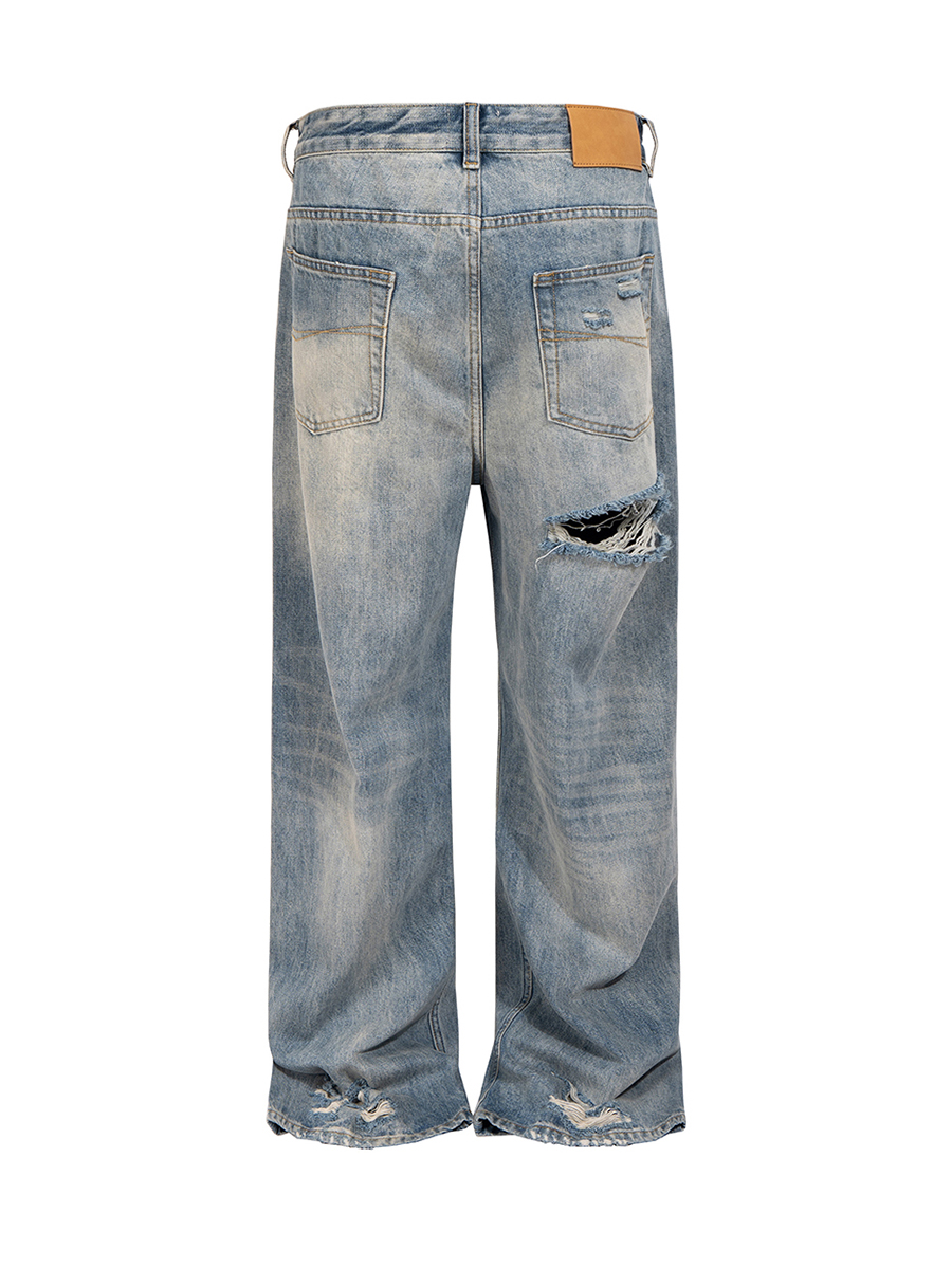 Men's 14.6 OZ Grunge 90s Vintage 100% Cotton Baggy Loose Straight Ripped Jeans