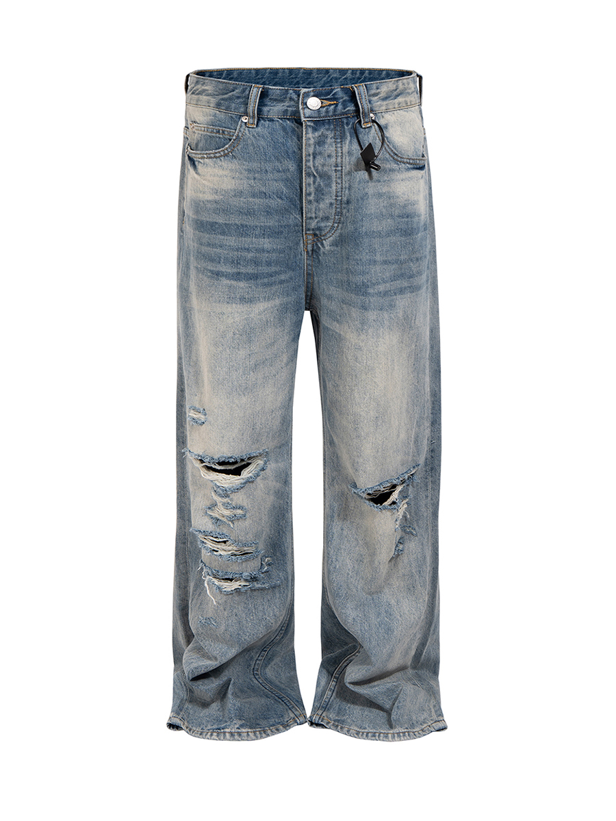 Men's 14.6 OZ Grunge 90s Vintage 100% Cotton Baggy Loose Straight Ripped Jeans
