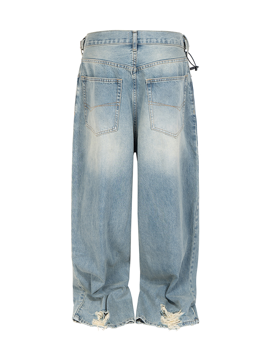 Men's 14.5 OZ Rigid  Wide Leg Ripped Jeans With Webbing Side Metal Adjuster Buckle