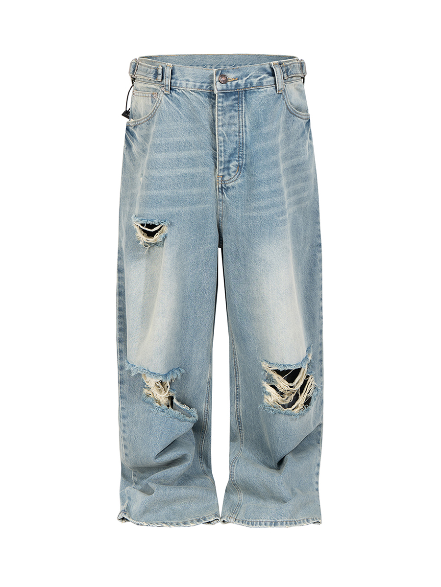 Men's 14.5 OZ Rigid  Wide Leg Ripped Jeans With Webbing Side Metal Adjuster Buckle