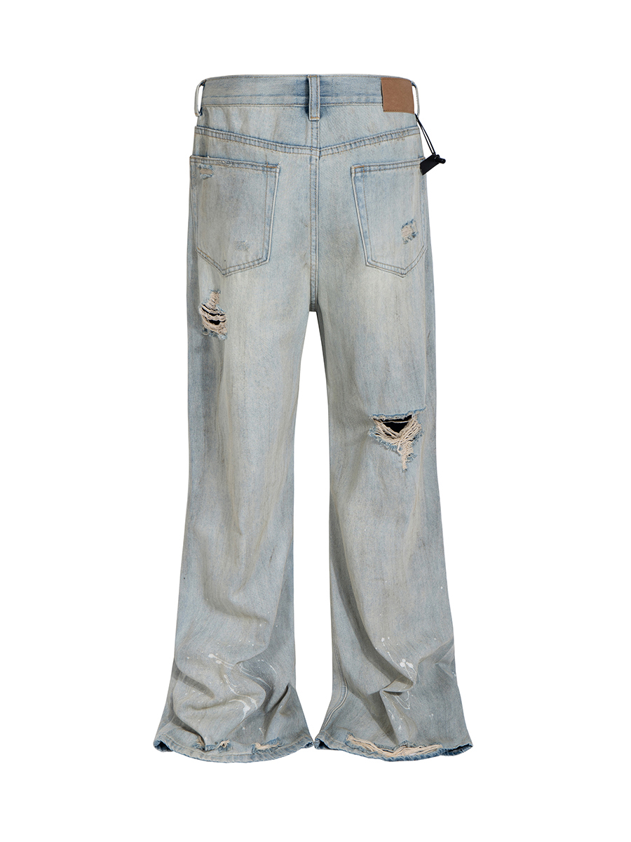 Men's 13.2 OZ Vintage 90s Light Stone Wash Ripped Splatter Painting Bootcut Jeans