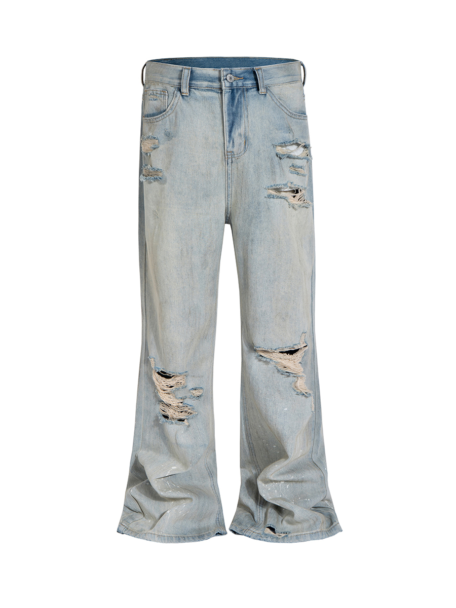 Men's 13.2 OZ Vintage 90s Light Stone Wash Ripped Splatter Painting Bootcut Jeans