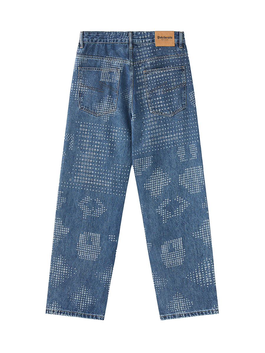 Men's 13.6 oz Y2K 2000s Hip‑hop All‑Over Laser Etching Relaxed Straight Jeans