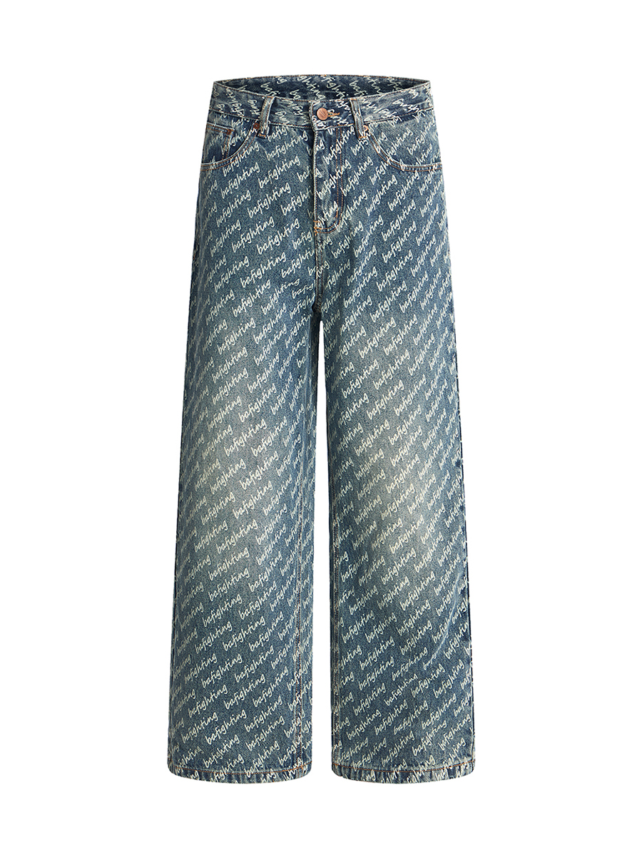 Men's Summer 13.7 oz All‑Over Printing Baggy Loose Straight Denim Jeans