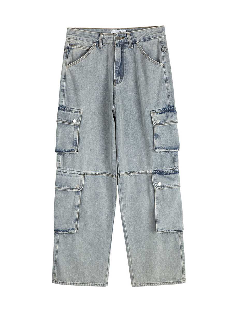 Men's 14.2 OZ Vintage Light Wash Multi‑Pocket Cargo Baggy Streetwear Jeans
