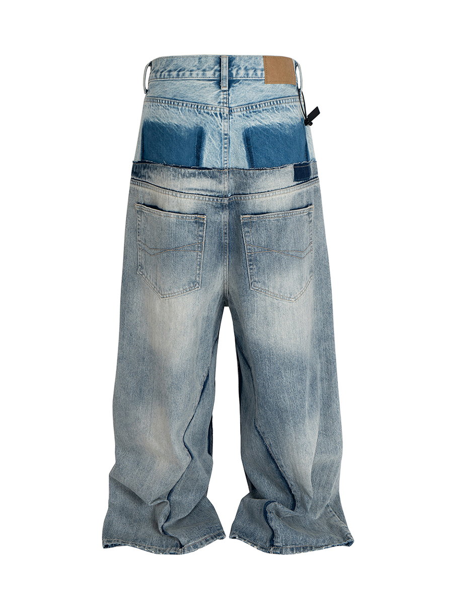Men's 15.5 OZ Baggy Deconstructed Double Waist Patchwork Wide Leg Y2K Streetwear Jeans
