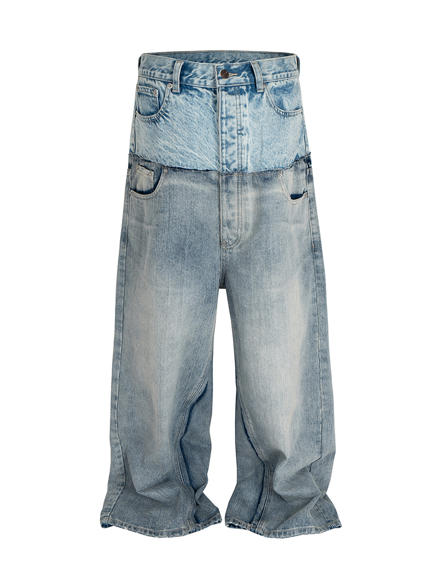 Men's 15.5 OZ Baggy Deconstructed Double Waist Patchwork Wide Leg Y2K Streetwear Jeans