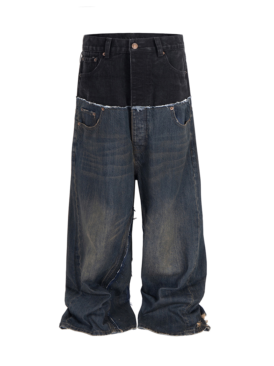 Men's 15.5 OZ Baggy Deconstructed Double Waist Patchwork Wide Leg Y2K Streetwear Jeans