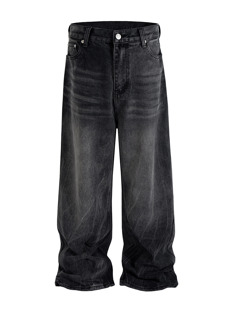 Men's 13.6 OZ Enzyme Stone Wash Charcoal Black Baggy Jeans