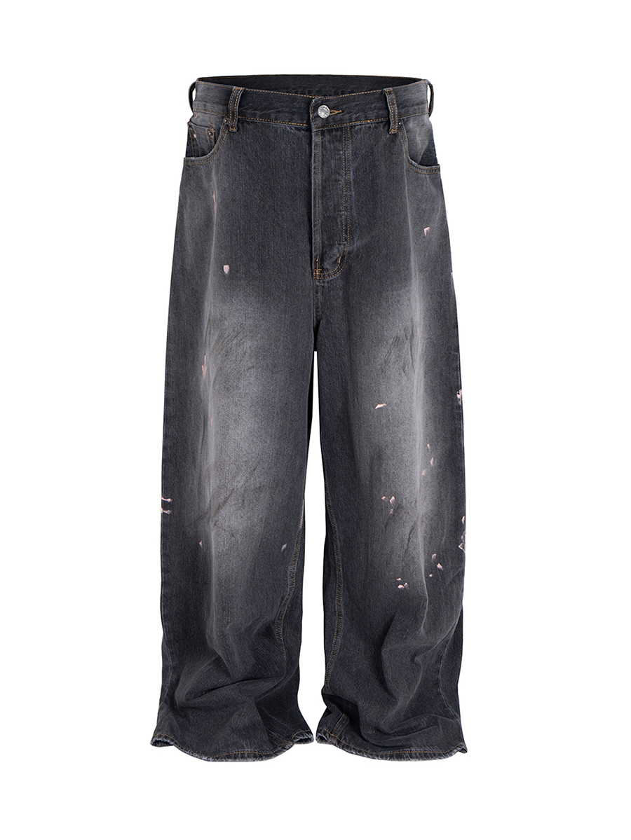 Men's 13.8 OZ Enzyme Stone Wash Paint Splatter Charcoal Black Baggy Jeans