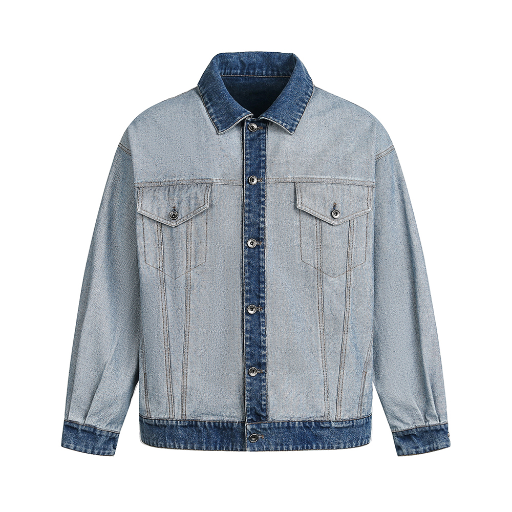 Men's 14.8 OZ Reverse Inside Out Denim Contrast Dark Blue Collar Cuff Hem Trucker Jackets
