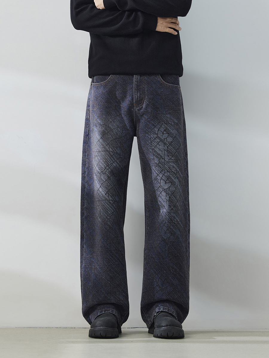 Men's 14.8 OZ Clean Fit Chenille‑textured Subtle Tone‑on‑Tone Jacquard Baggy Straight Jeans