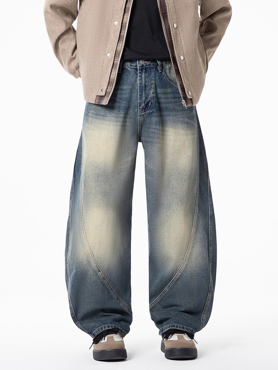 PB004 Men's 12.8 OZ Deconstructed Curved‑leg Banana Cut Baggy Vintage Faded Jeans