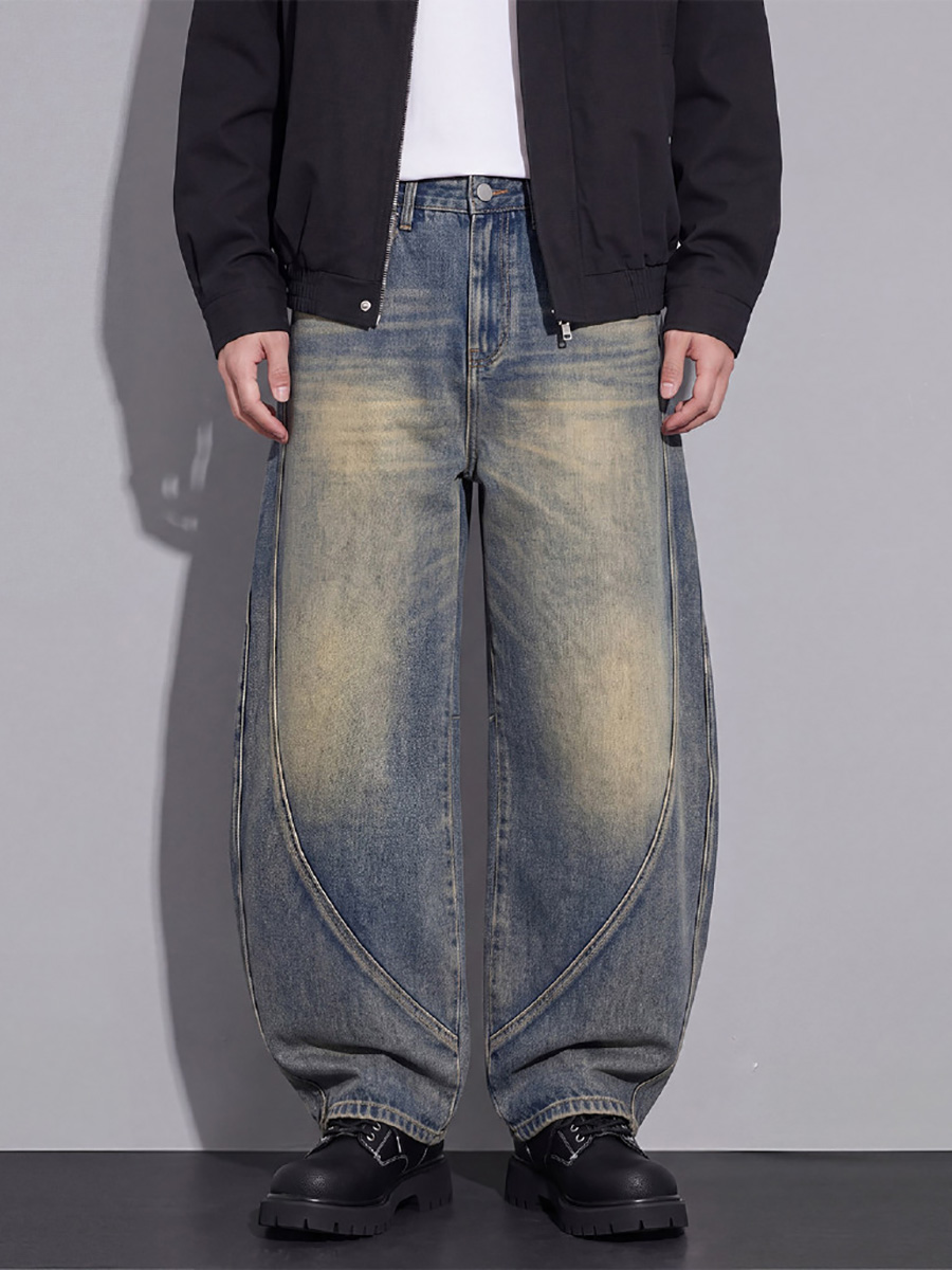 PB004 Men's 12.8 OZ Deconstructed Curved‑leg Banana Cut Baggy Vintage Faded Jeans