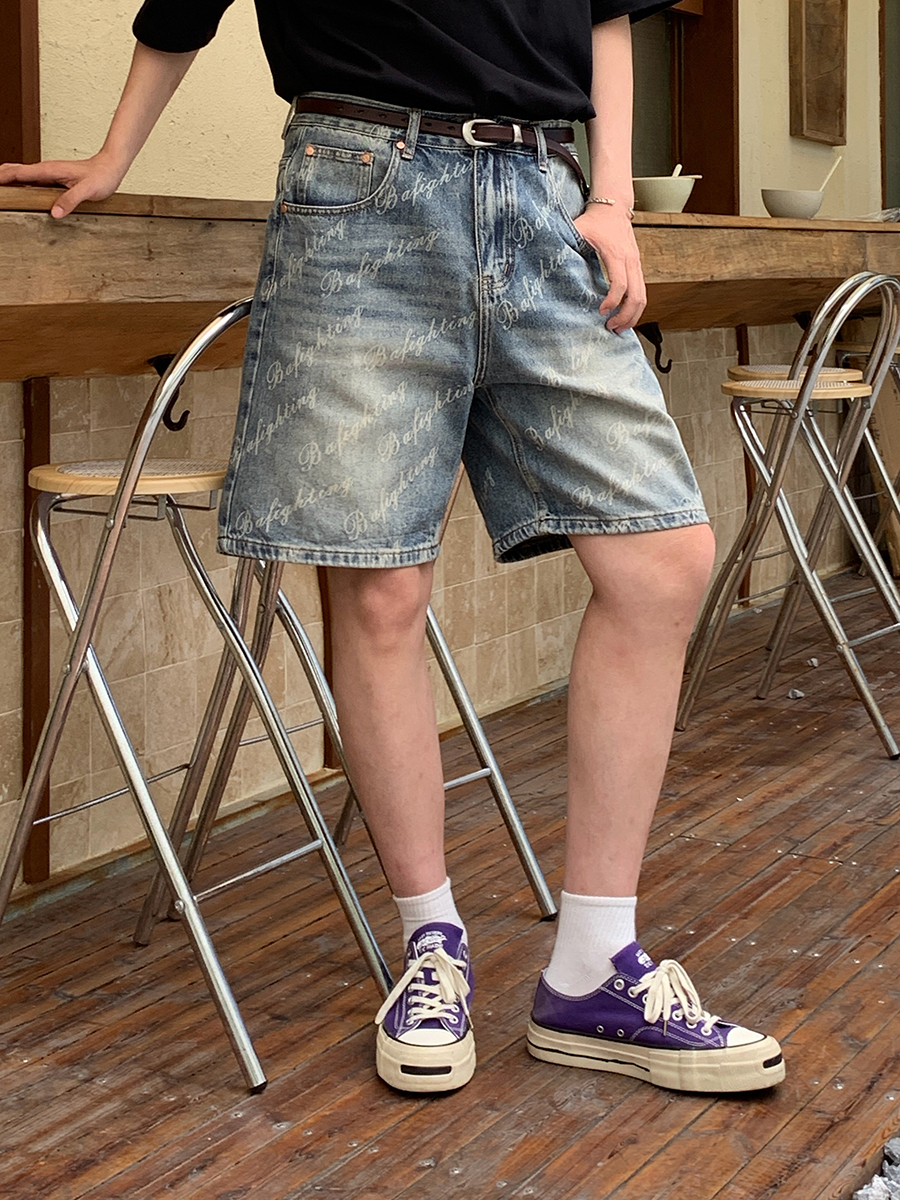 6553 Men's Summer 12.7 oz Lyocell Baggy All‑Over Printing Denim Shorts
