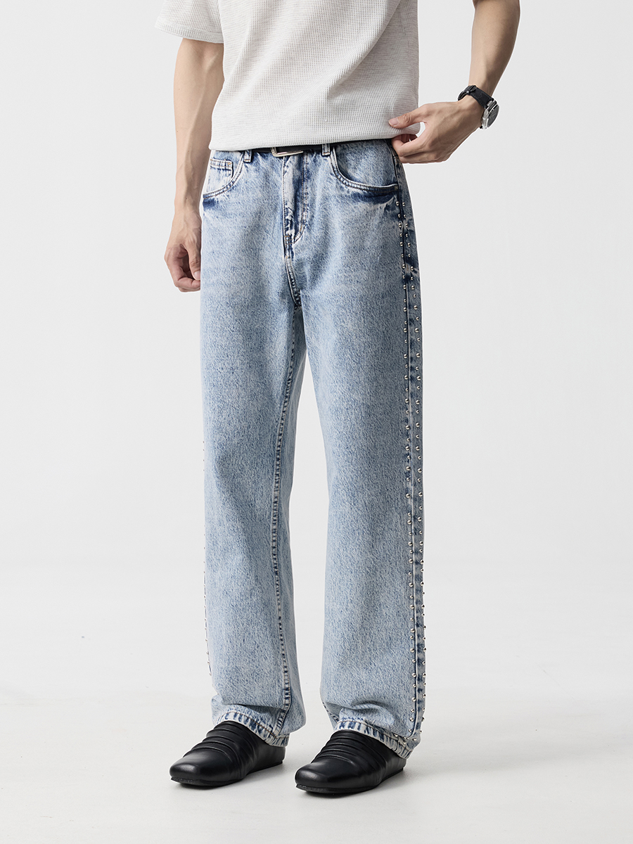 19911  Men's 13 OZ Relaxed Straight Acid Snow Wash Beaded Jeans
