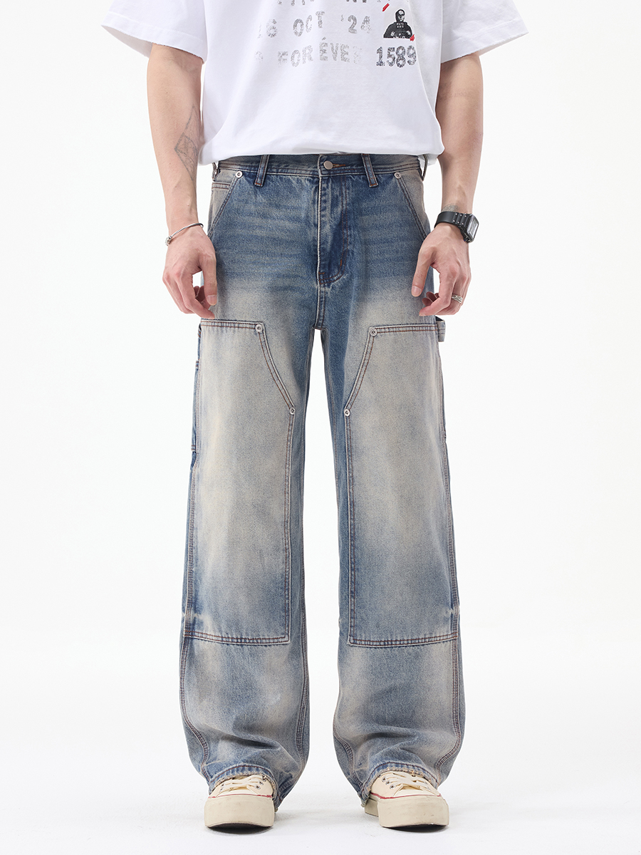 JK9683-1  Men's 14.8 OZ Cargo Raw Hem Loose Straight Carpenter Jeans