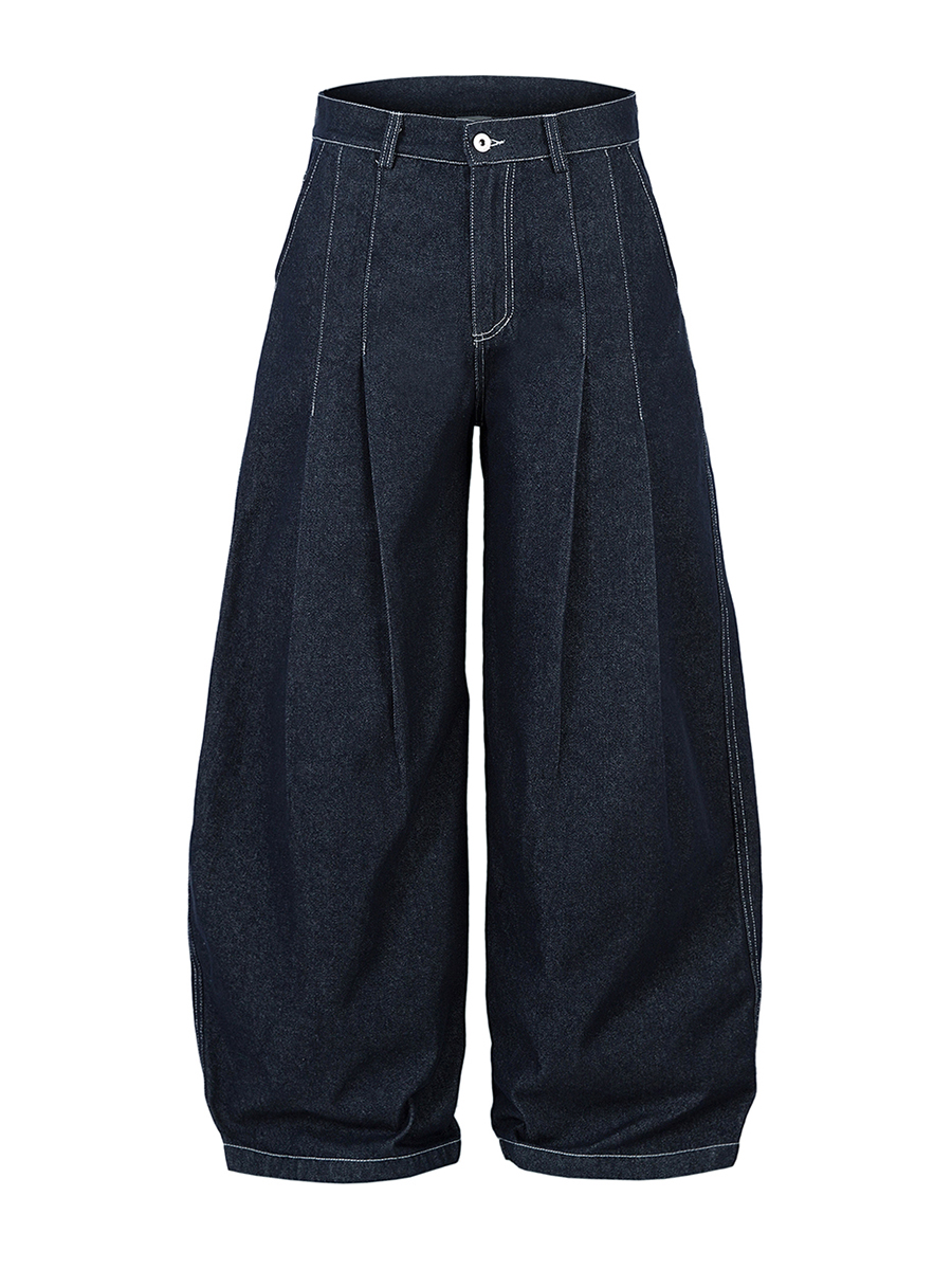 Men's 10.8 OZ Baggy Raw Dark Indigo Denim Pleated Contrast Stitching Balloon Jeans