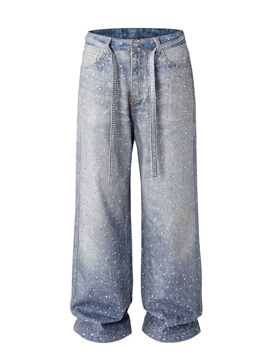 Men's 14.5 OZ 100% 3D Digital Printing Rhinestone Loose Straight Jeans