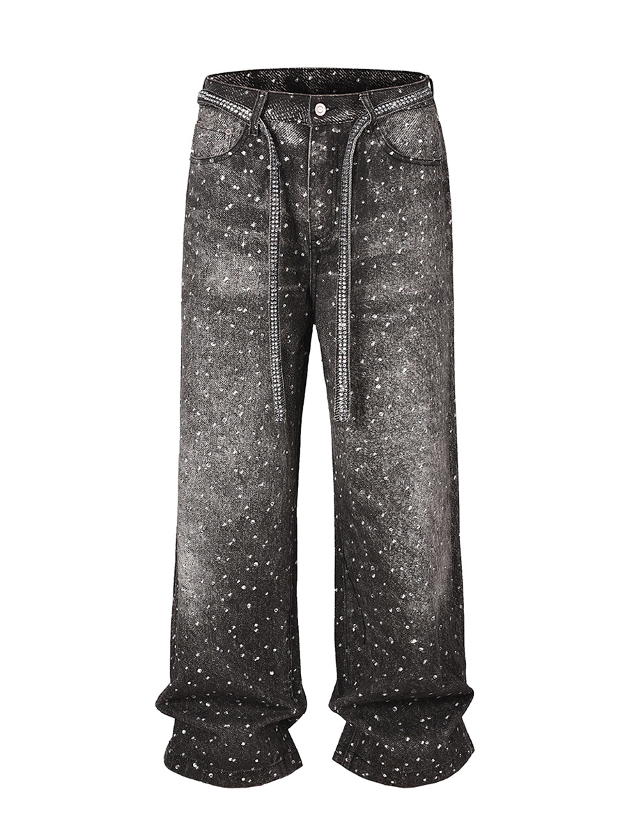 Men's 14.5 OZ 100% 3D Digital Printing Rhinestone Loose Straight Jeans