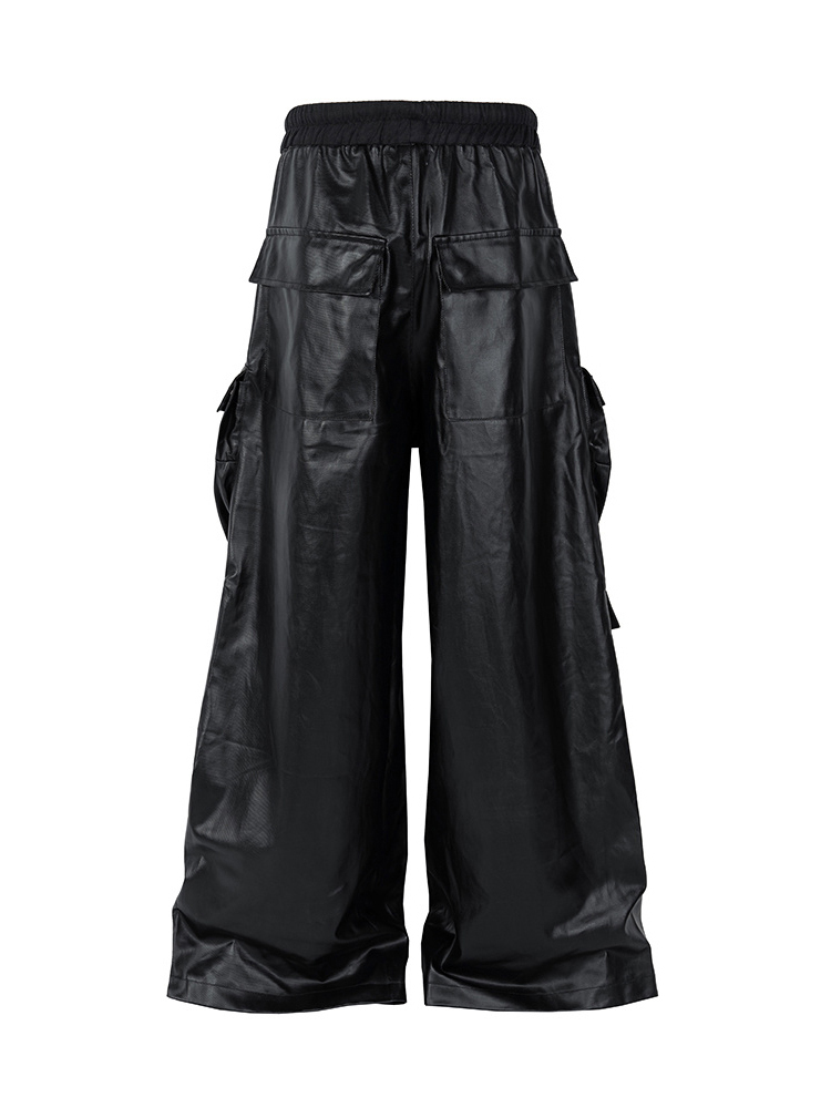 Men's Baggy Matte Coated Dark Streetwear Style Drawstring Waist Cargo Pants