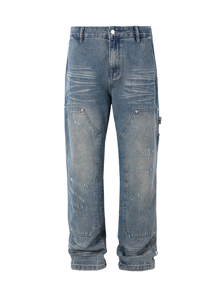 Men's 13.8 OZ Mud Vintage Wash Distressed Ripped Carpenter Jeans
