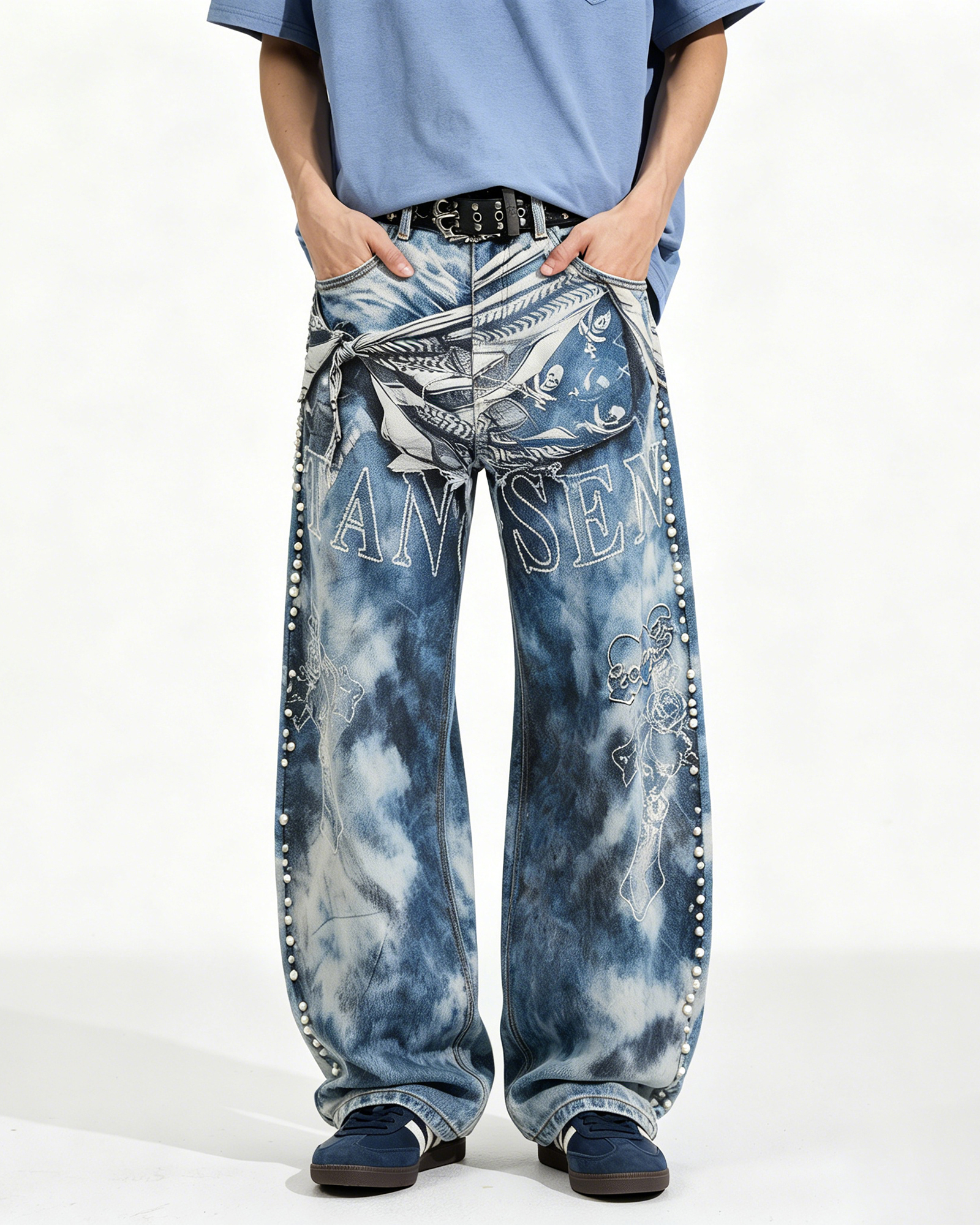14032 Men's 14.2 OZ 3D Digital Printing Barrel Cut Curve-leg Jeans